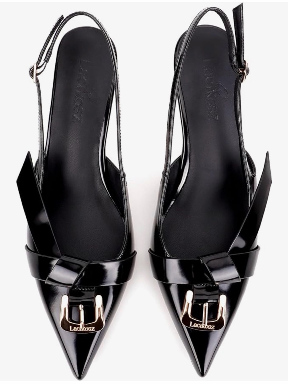 LACIKOSZ Black Patent Pointed Slingback Heels with Gold Buckle 2.6in pumps NEW - Picture 7 of 9